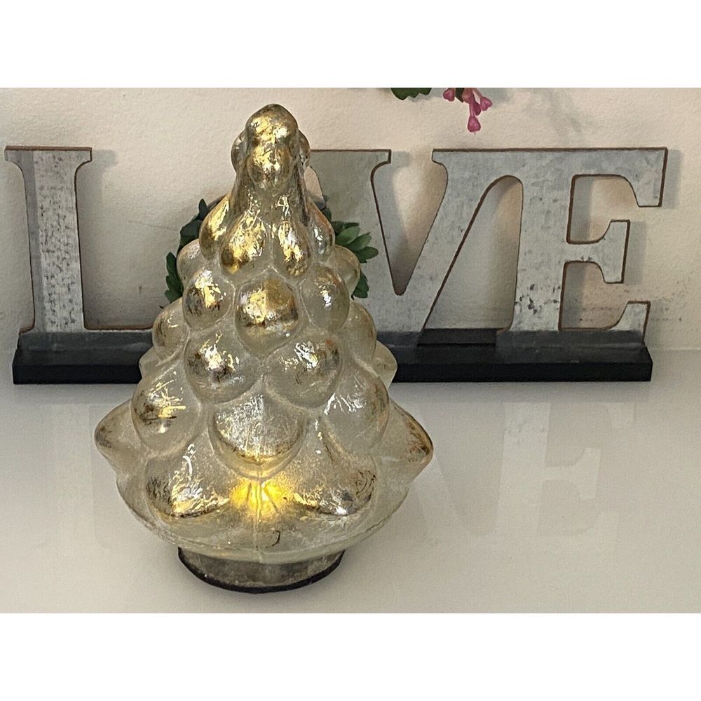 Pottery Barn Vintage Lighted Mercury Glass Christmas Tree Gold Silver 7" Table